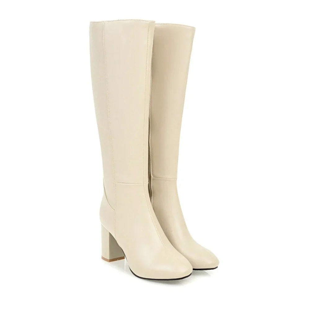 Damskie kozaki za kolano na obcasie z suwakiem