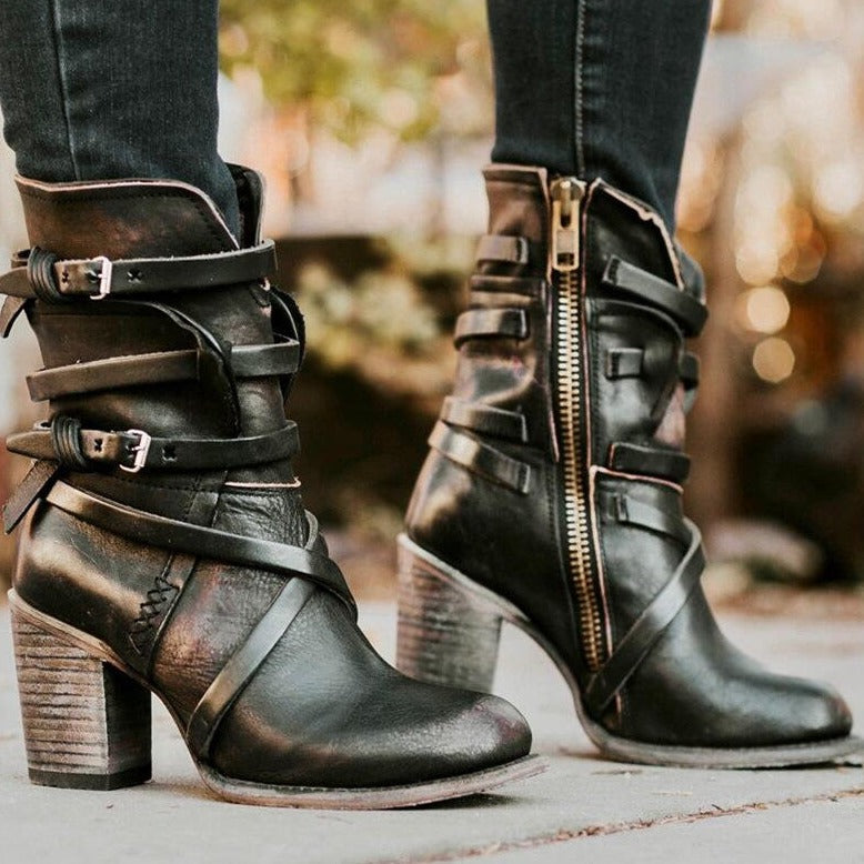 Damskie skórzane botki na obcasie w stylu vintage