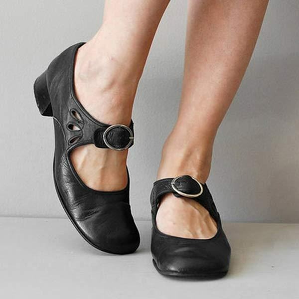 Damskie skórzane buty na niskim obcasie z klamrą